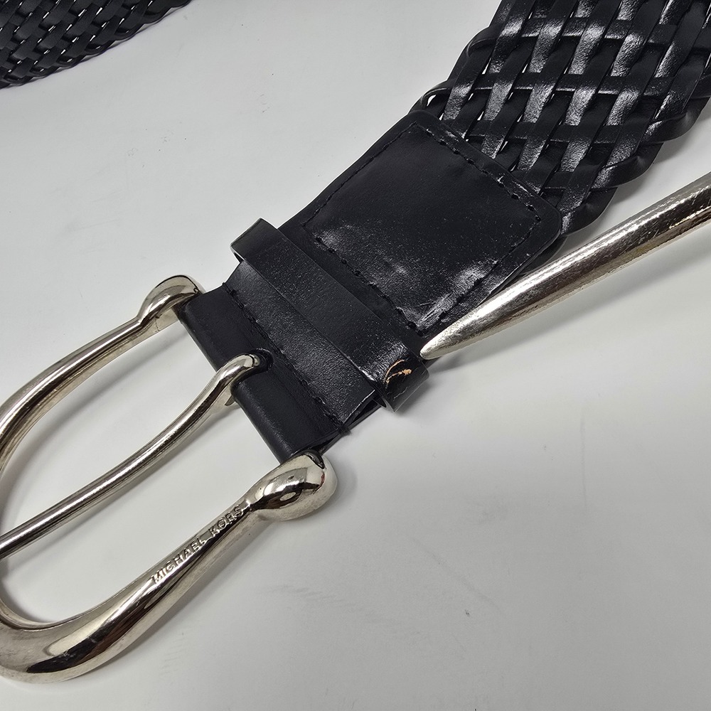 Michael Kors Black Woven Braided Leather Belt Silver Buckle 553633 Medium READ - Picture 6 of 14